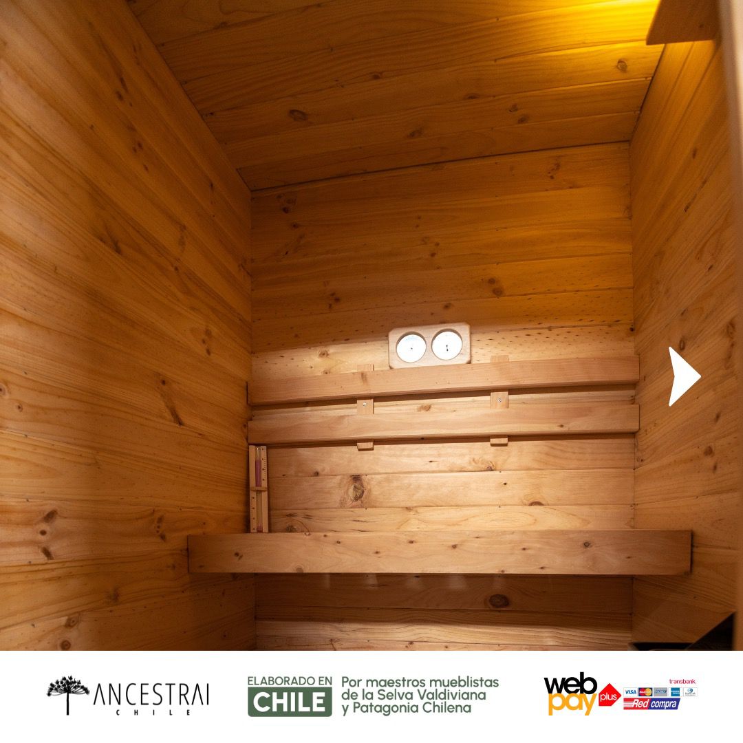Interior de sauna de ciprés con bancas escalonadas y brasero eléctrico